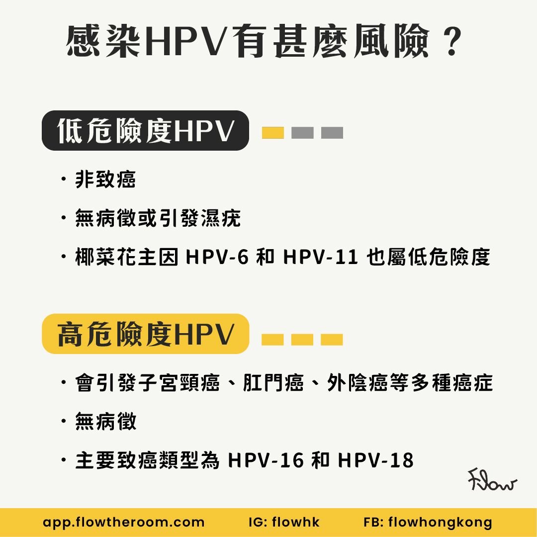 HPV 病毒有分「低危險度」和「高危險度」，高危險度類別的 HPV 會直接增加罹癌機率