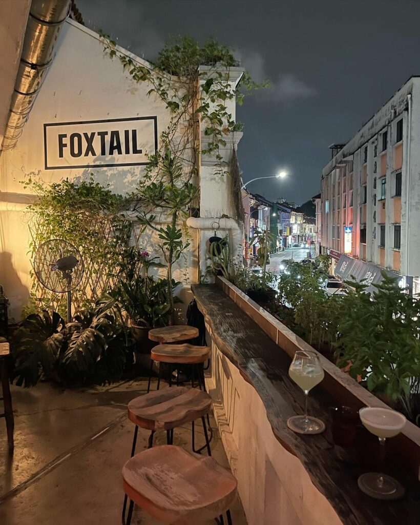 best affordable rooftop bar - foxtail - small outdoor patio seating with thriving plants, surrounded by other shophouses