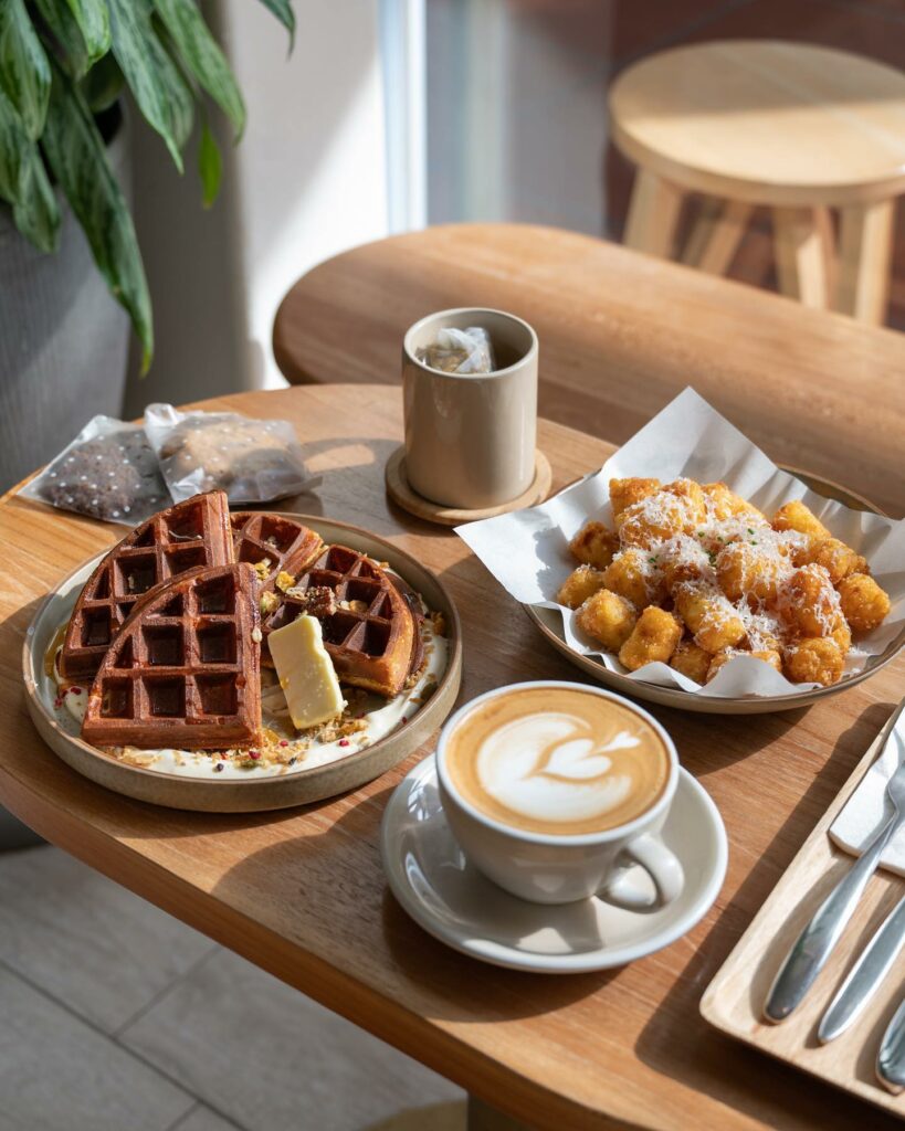 Best cafes in Tanjong Pagar, Singapore for brunch, coffee, aesthetics:  Glasshouse food - waffles, tater tots